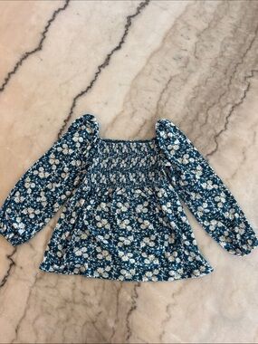 Crewcuts Girls Teal Floral Smocked Long-Sleeve Top